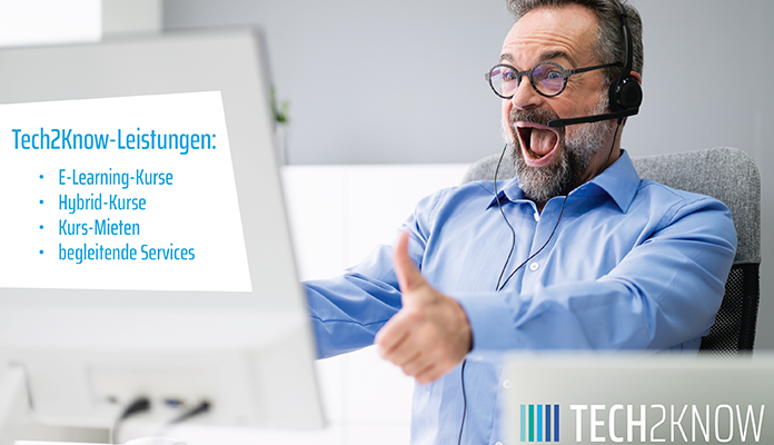 Mann sitzt mit Headset vor einem modernen Computer und freut sich über einen erreichten Erfolg. Die Tech2Know Leistungen sind schriftlich auf dem Monitor zu sehen: E-Learning Kurse, Hybrid-Kurse, Kurs-Mieten, begleitende Services.