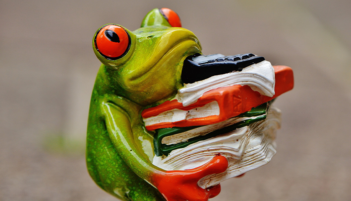 Eine Skulptur eines Frosches mit großen Augen, der mühsam einen großen Stapel Dokumente trägt